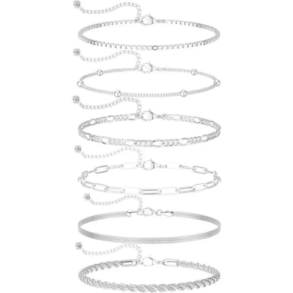 Dainty Silver Plated Bracelets Set for Women - Paperclip, Herringbone